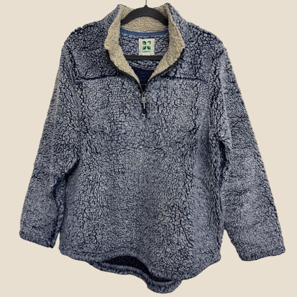 Greentea XL Cozy Sherpa Fleece Quarter Zip Pullover Blue with Cream Collar